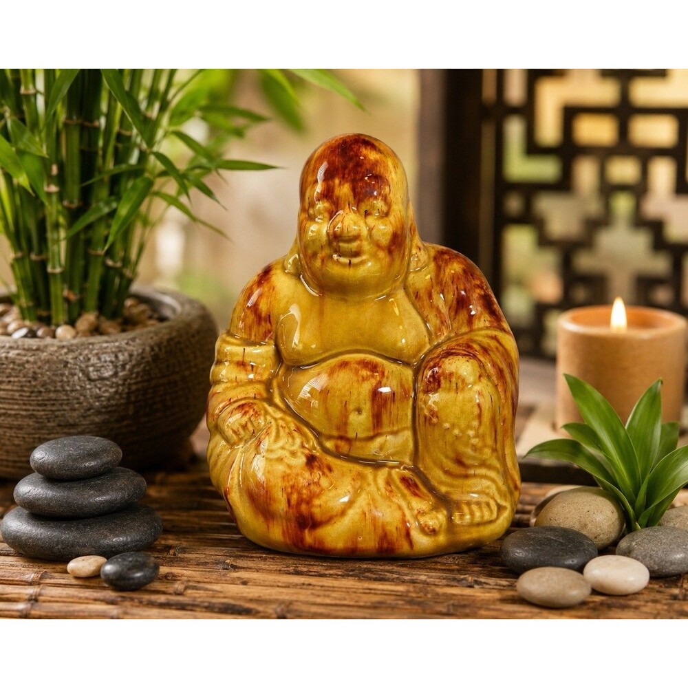 Vintage Glazed Laughing Buddha Ceramic Statue Figurine Zen Decor 7.5” Smiling
